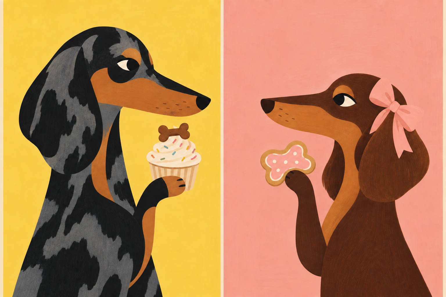 Folk-art illustration of Milo holding a decorated cupcake and Maisy holding a pink bone-shaped treat